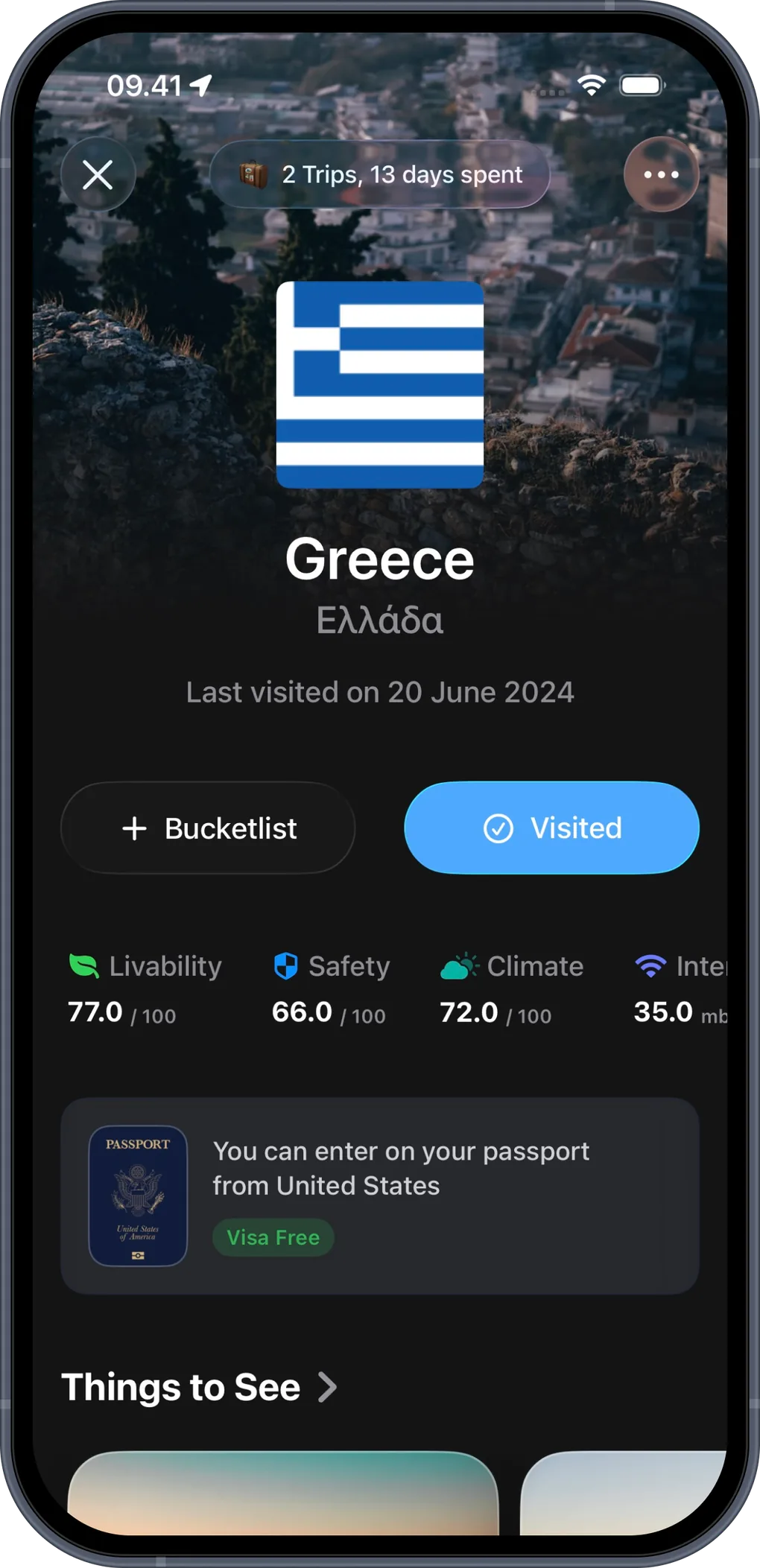 PassportPal iOS app showing country details for Greece with livability, safety and climate scores and passport visa access