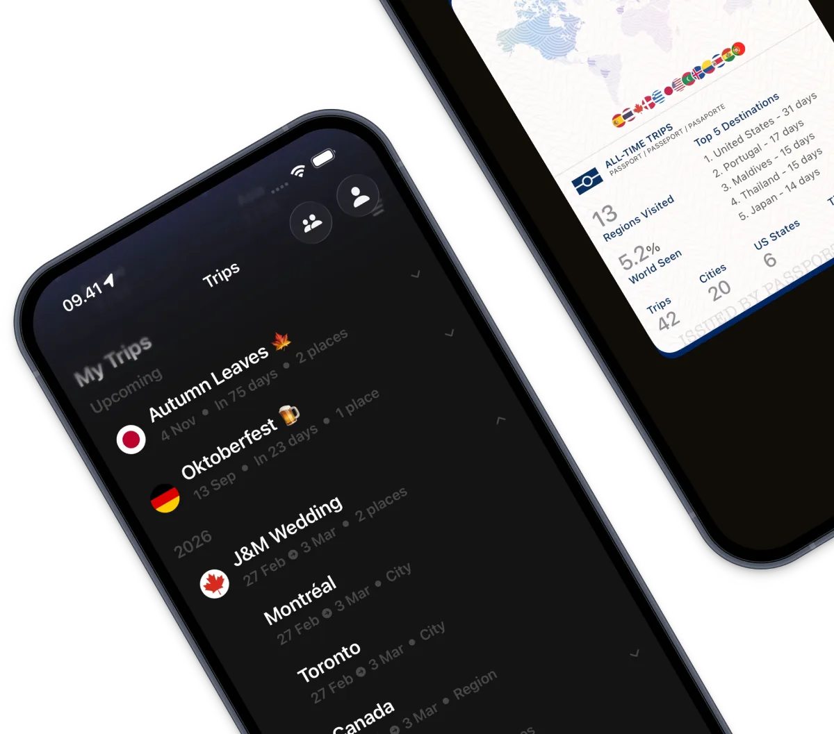 PassportPal trips list and travel stats on two iPhones