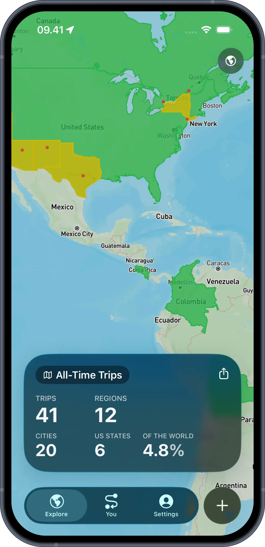 PassportPal iOS app showing an interactive world map with visited countries highlighted and all-time trip stats